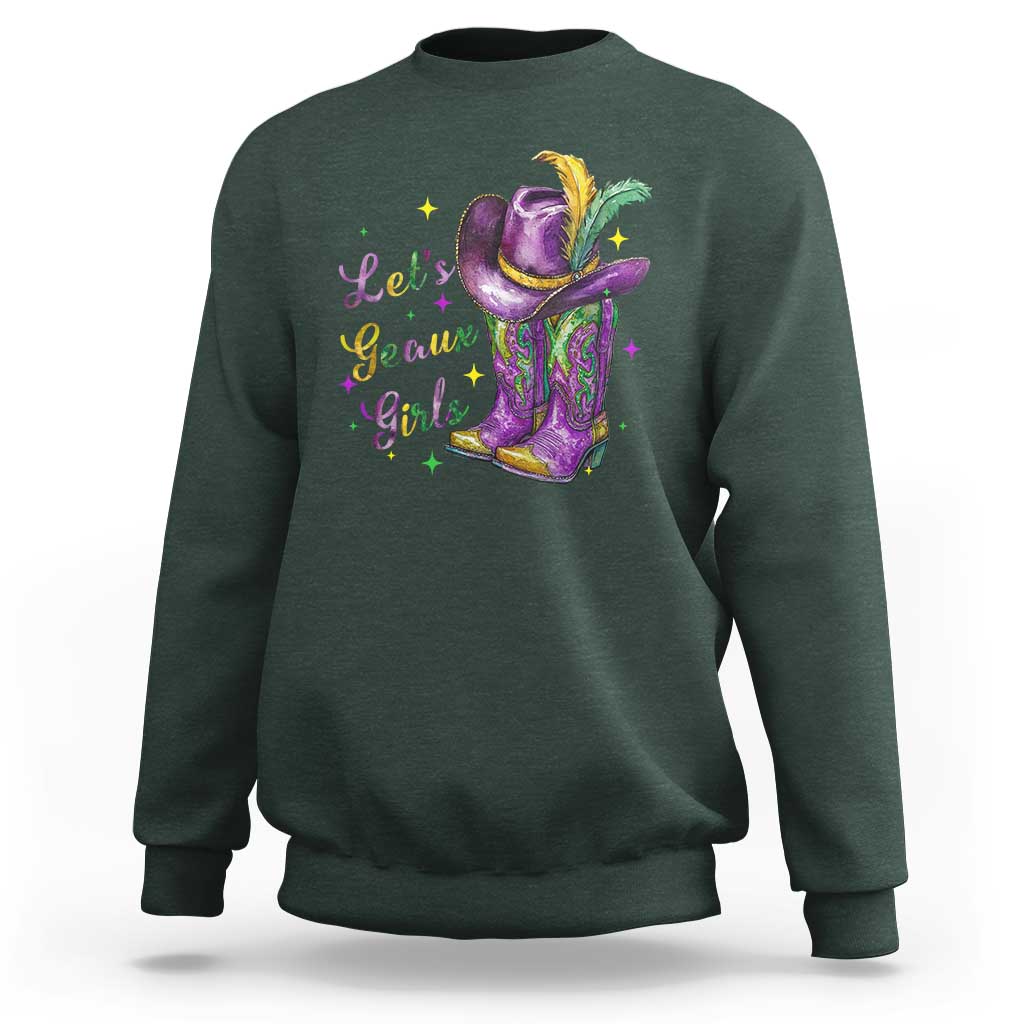 Funny Mardi Gras Cowgirl Sweatshirt Let's Geaux Girls Western Cowgirl Boots Carnival