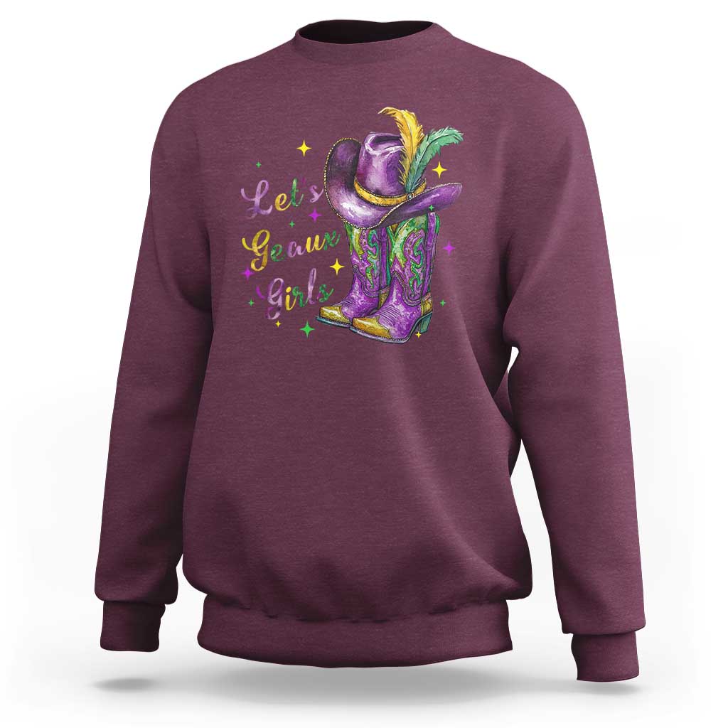 Funny Mardi Gras Cowgirl Sweatshirt Let's Geaux Girls Western Cowgirl Boots Carnival