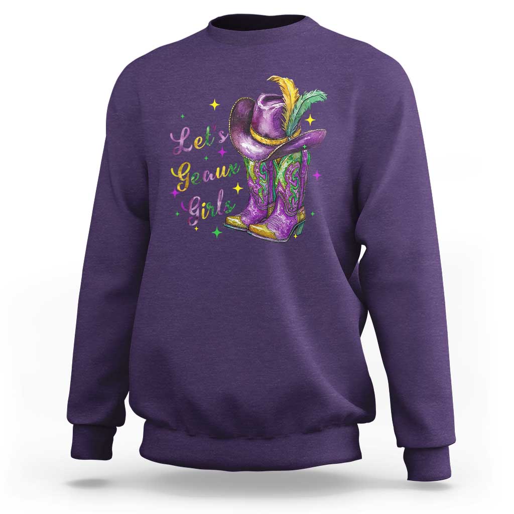 Funny Mardi Gras Cowgirl Sweatshirt Let's Geaux Girls Western Cowgirl Boots Carnival