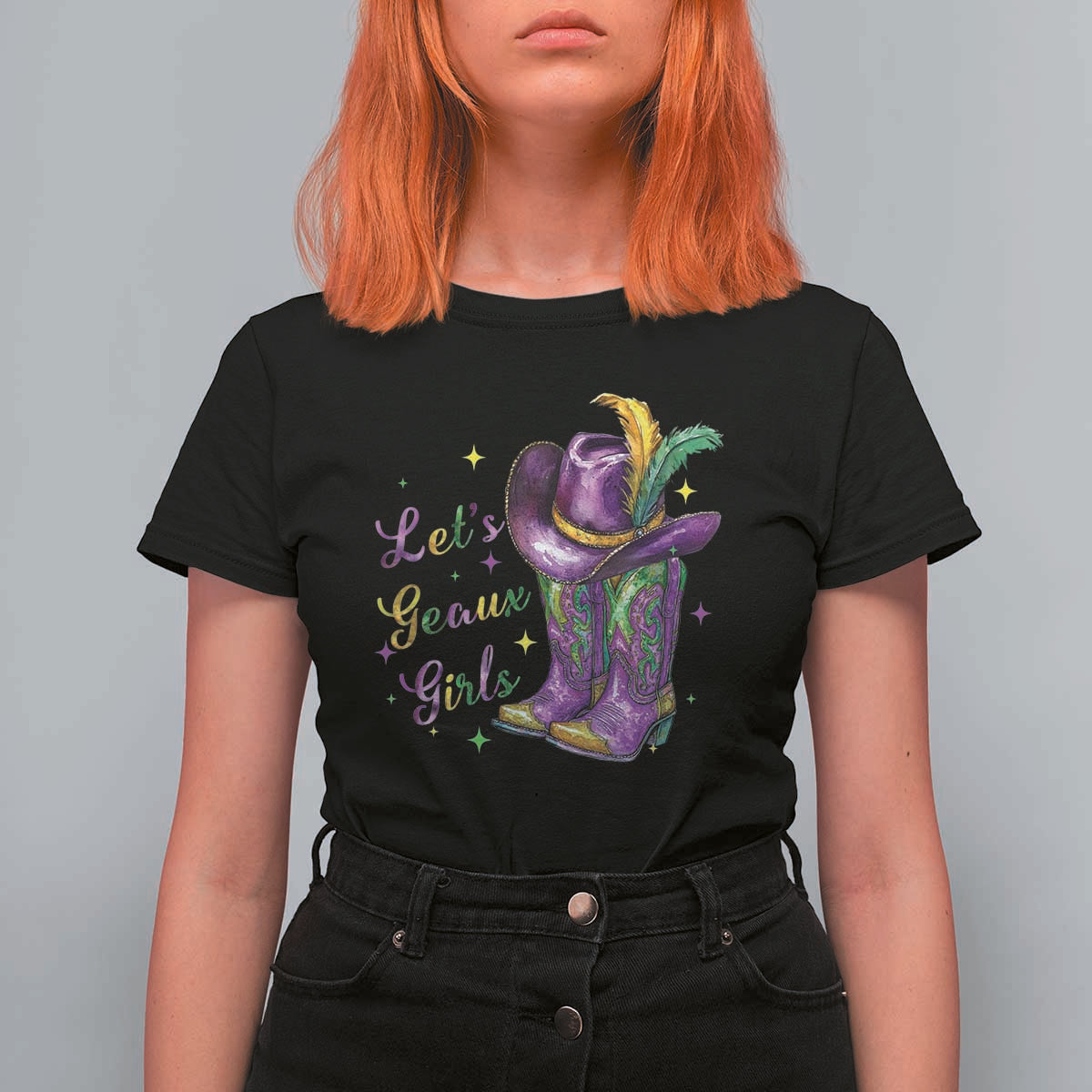 Funny Mardi Gras Cowgirl T Shirt For Women Let's Geaux Girls Western Cowgirl Boots Carnival