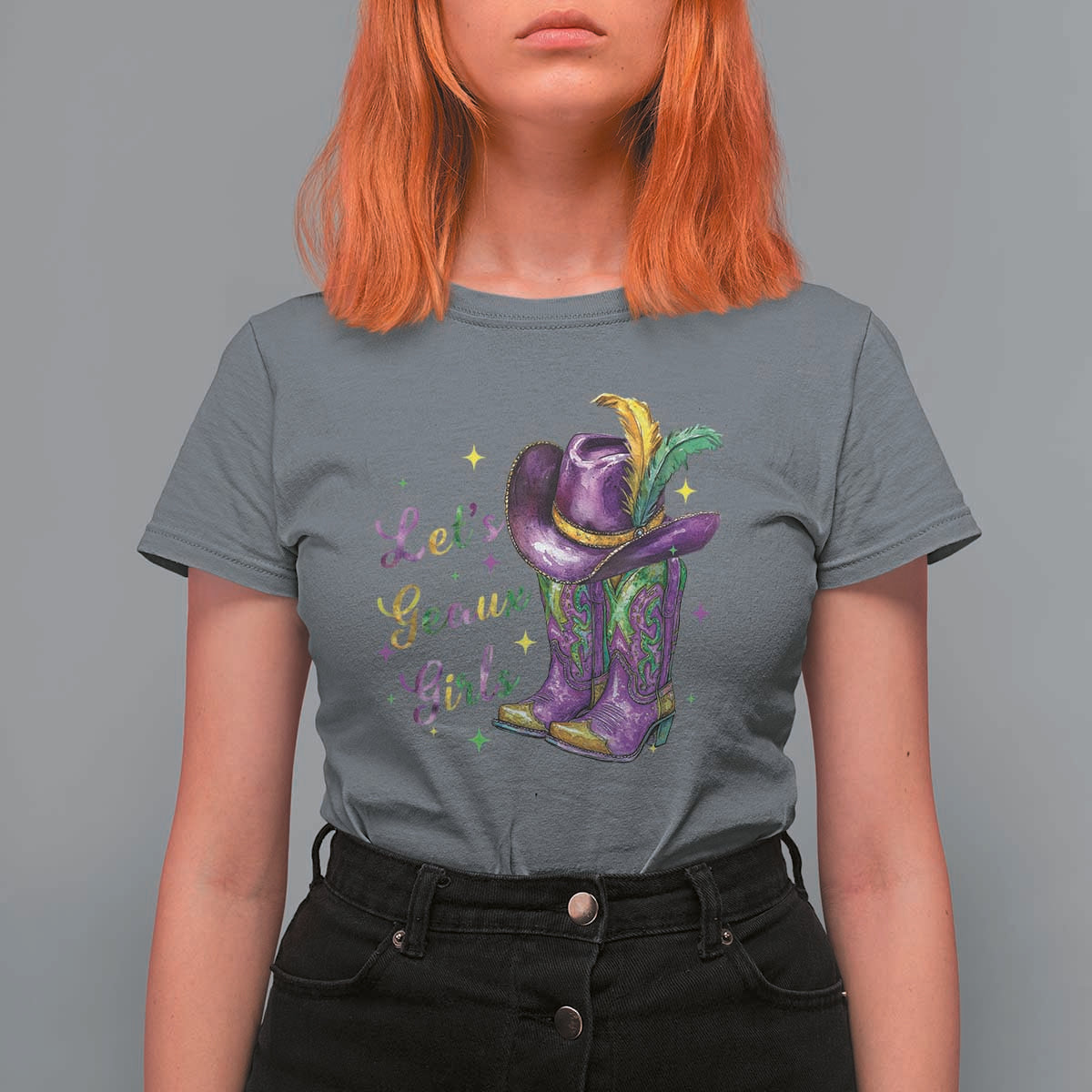 Funny Mardi Gras Cowgirl T Shirt For Women Let's Geaux Girls Western Cowgirl Boots Carnival