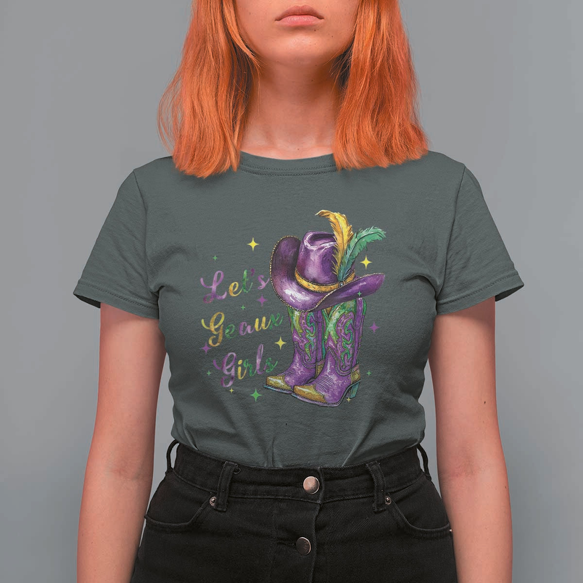 Funny Mardi Gras Cowgirl T Shirt For Women Let's Geaux Girls Western Cowgirl Boots Carnival