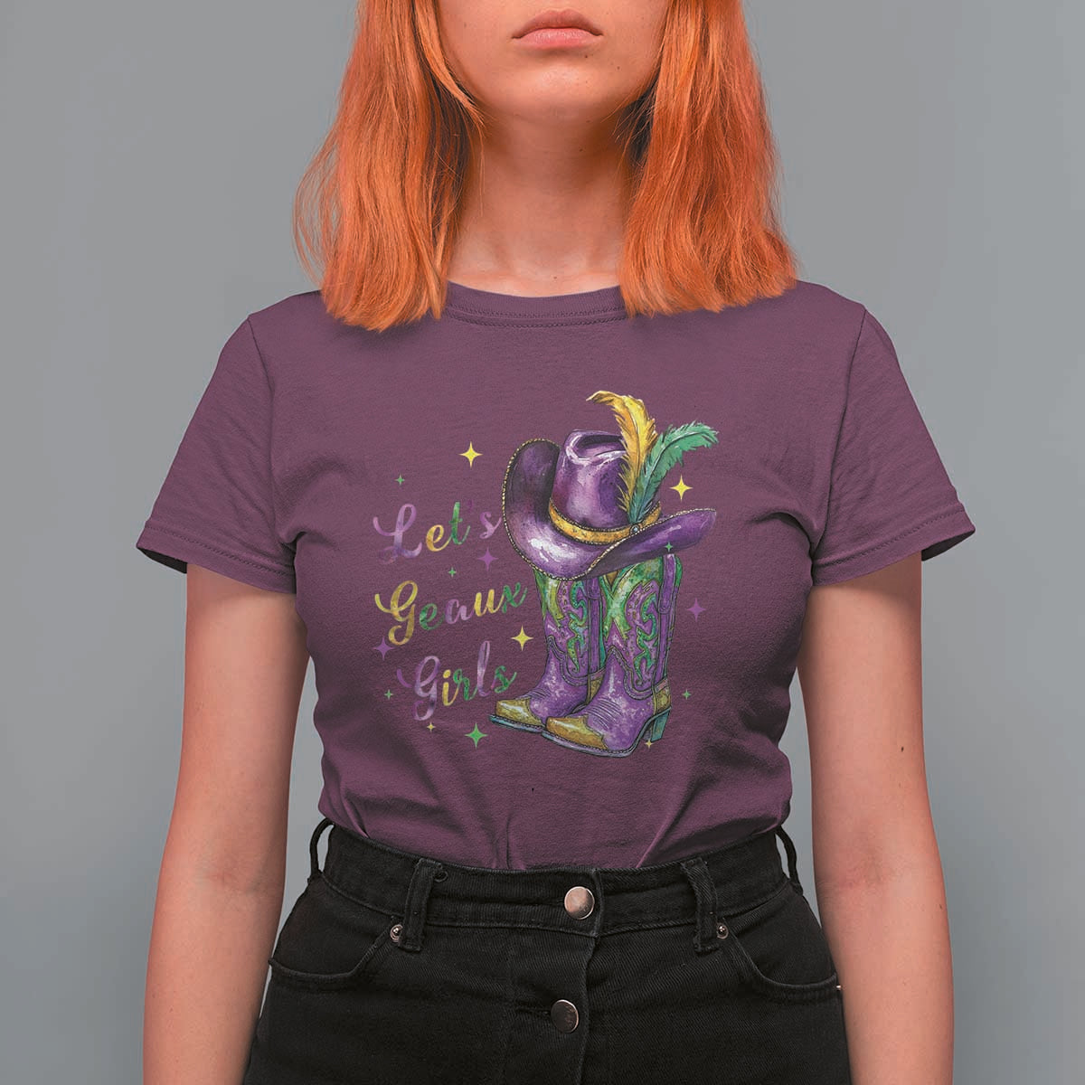 Funny Mardi Gras Cowgirl T Shirt For Women Let's Geaux Girls Western Cowgirl Boots Carnival