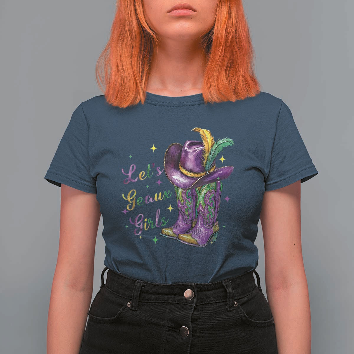 Funny Mardi Gras Cowgirl T Shirt For Women Let's Geaux Girls Western Cowgirl Boots Carnival