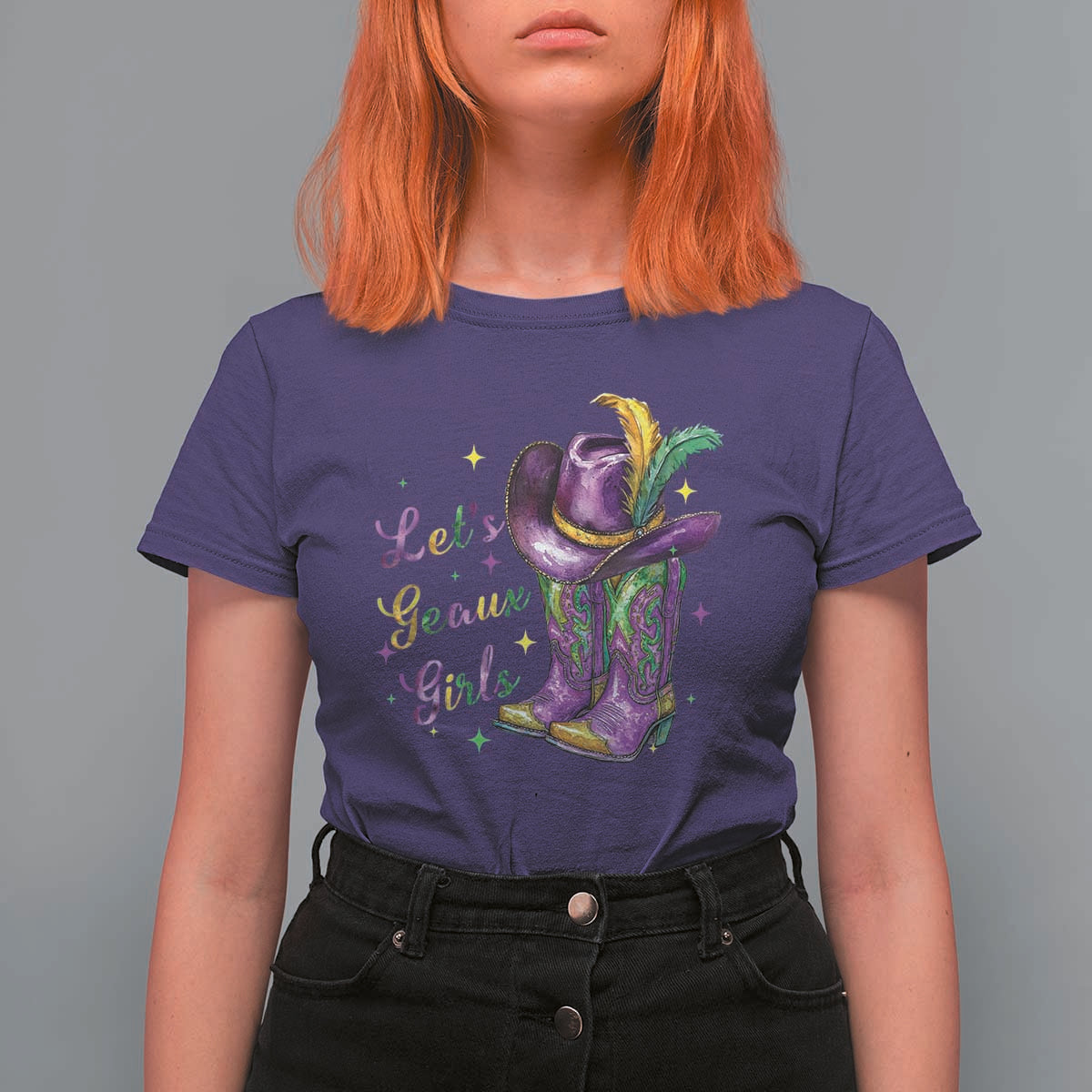 Funny Mardi Gras Cowgirl T Shirt For Women Let's Geaux Girls Western Cowgirl Boots Carnival