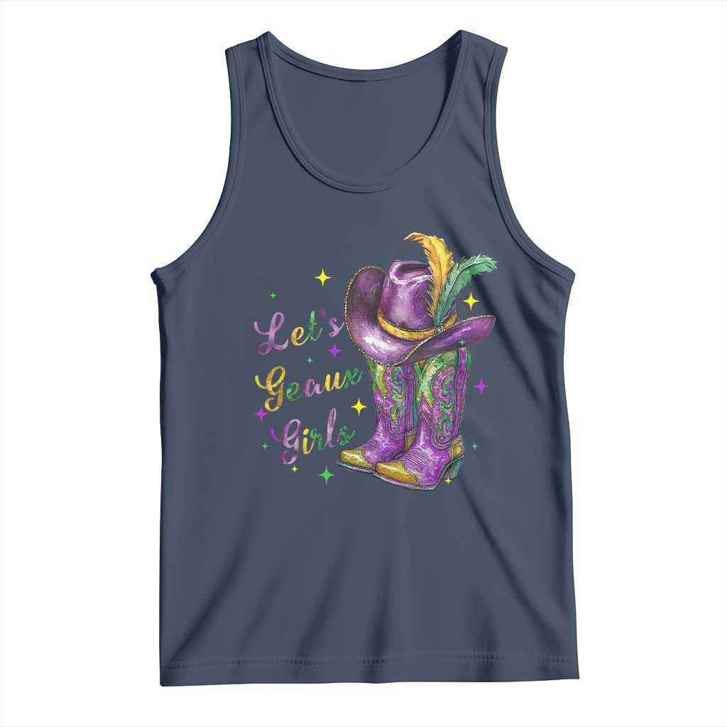 Funny Mardi Gras Cowgirl Tank Top Let's Geaux Girls Western Cowgirl Boots Carnival