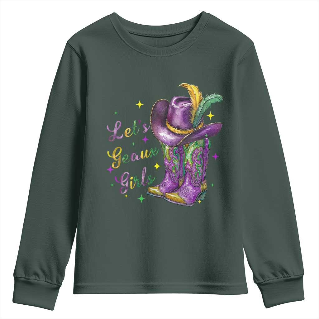 Funny Mardi Gras Cowgirl Youth Sweatshirt Let's Geaux Girls Western Cowgirl Boots Carnival