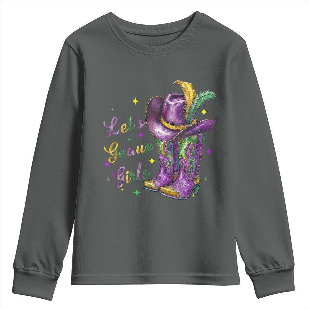 Funny Mardi Gras Cowgirl Youth Sweatshirt Let's Geaux Girls Western Cowgirl Boots Carnival