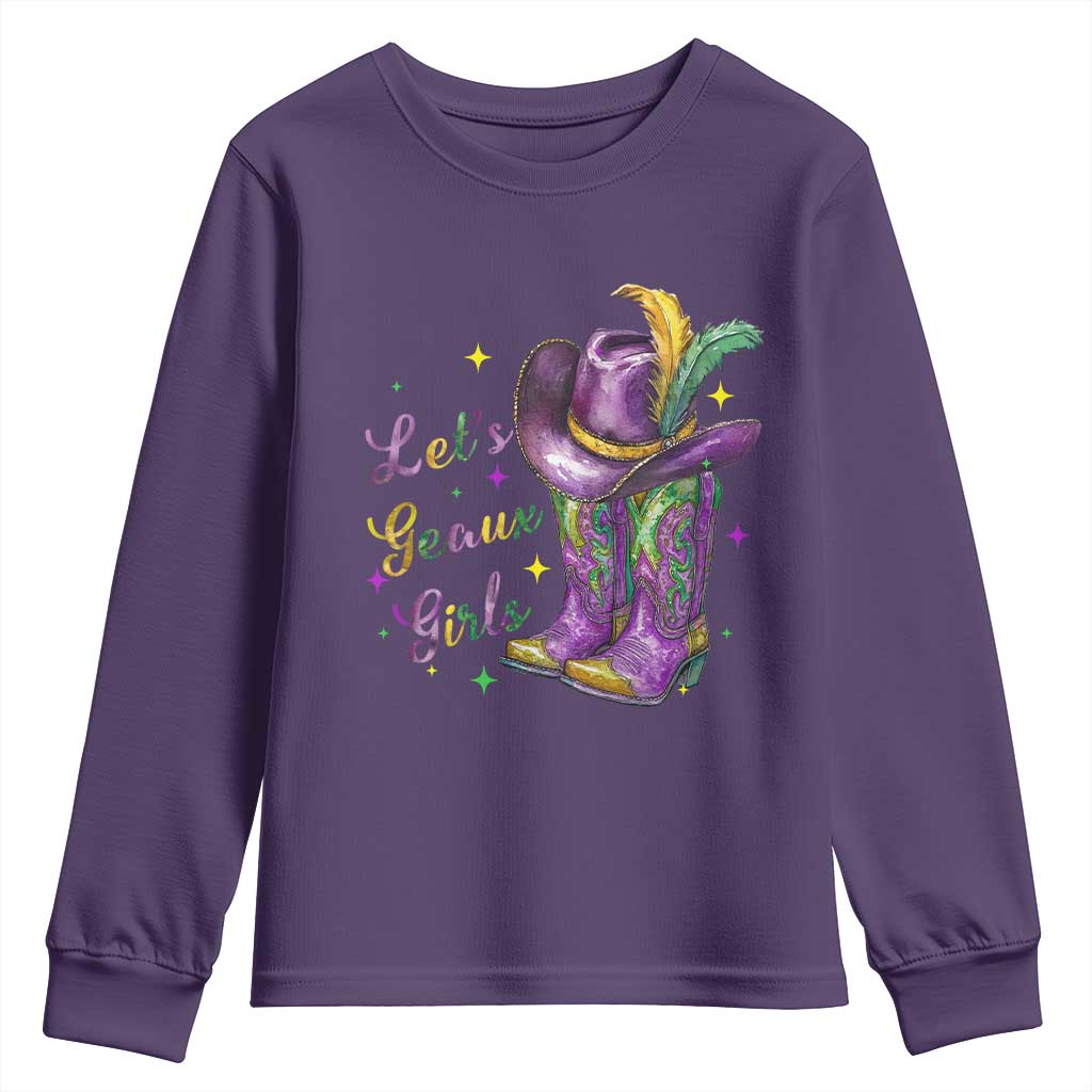 Funny Mardi Gras Cowgirl Youth Sweatshirt Let's Geaux Girls Western Cowgirl Boots Carnival