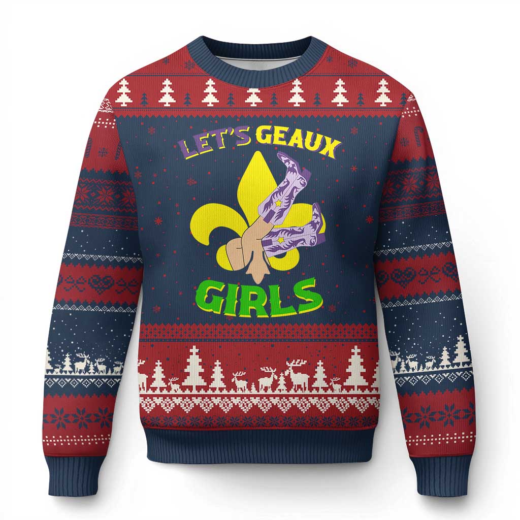 Funny Mardi Gras Cowgirl Ugly Christmas Sweater Let's Geaux Girls Fleur De Lys