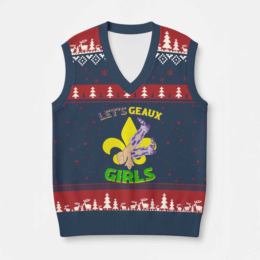Funny Mardi Gras Cowgirl V-Neck Knit Sweater Vest Let's Geaux Girls Fleur De Lys