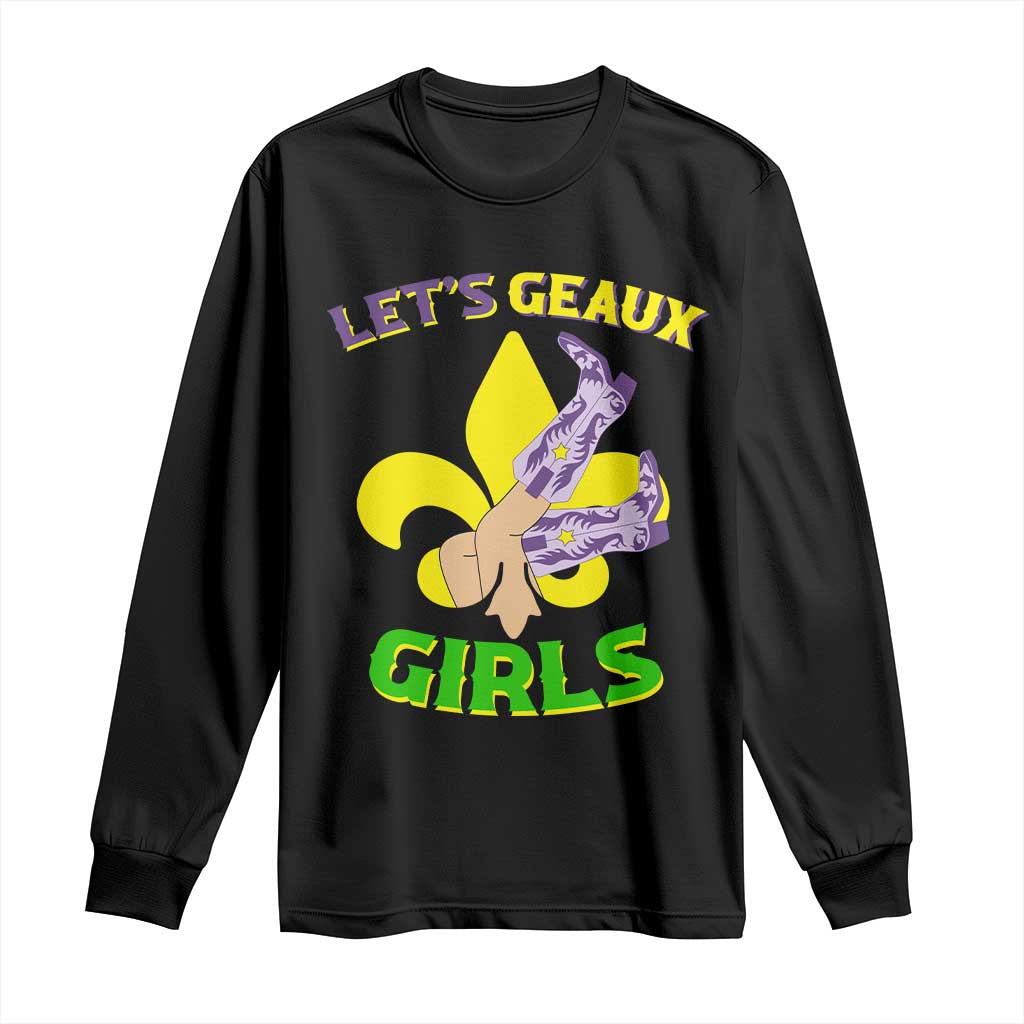 Funny Mardi Gras Cowgirl Long Sleeve Shirt Let's Geaux Girls Fleur De Lys