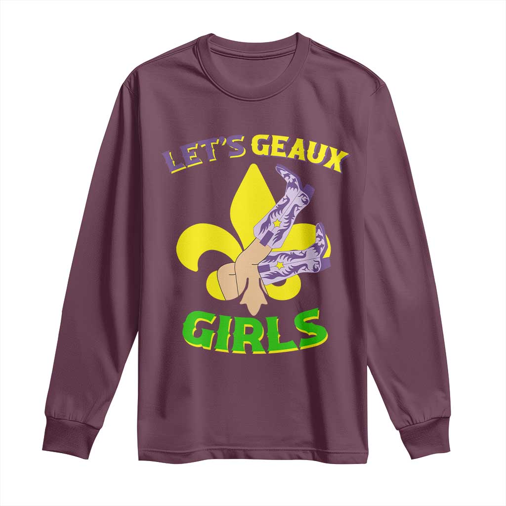 Funny Mardi Gras Cowgirl Long Sleeve Shirt Let's Geaux Girls Fleur De Lys