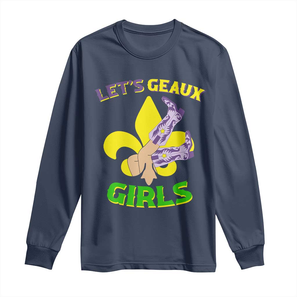 Funny Mardi Gras Cowgirl Long Sleeve Shirt Let's Geaux Girls Fleur De Lys