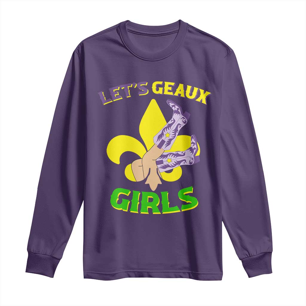 Funny Mardi Gras Cowgirl Long Sleeve Shirt Let's Geaux Girls Fleur De Lys