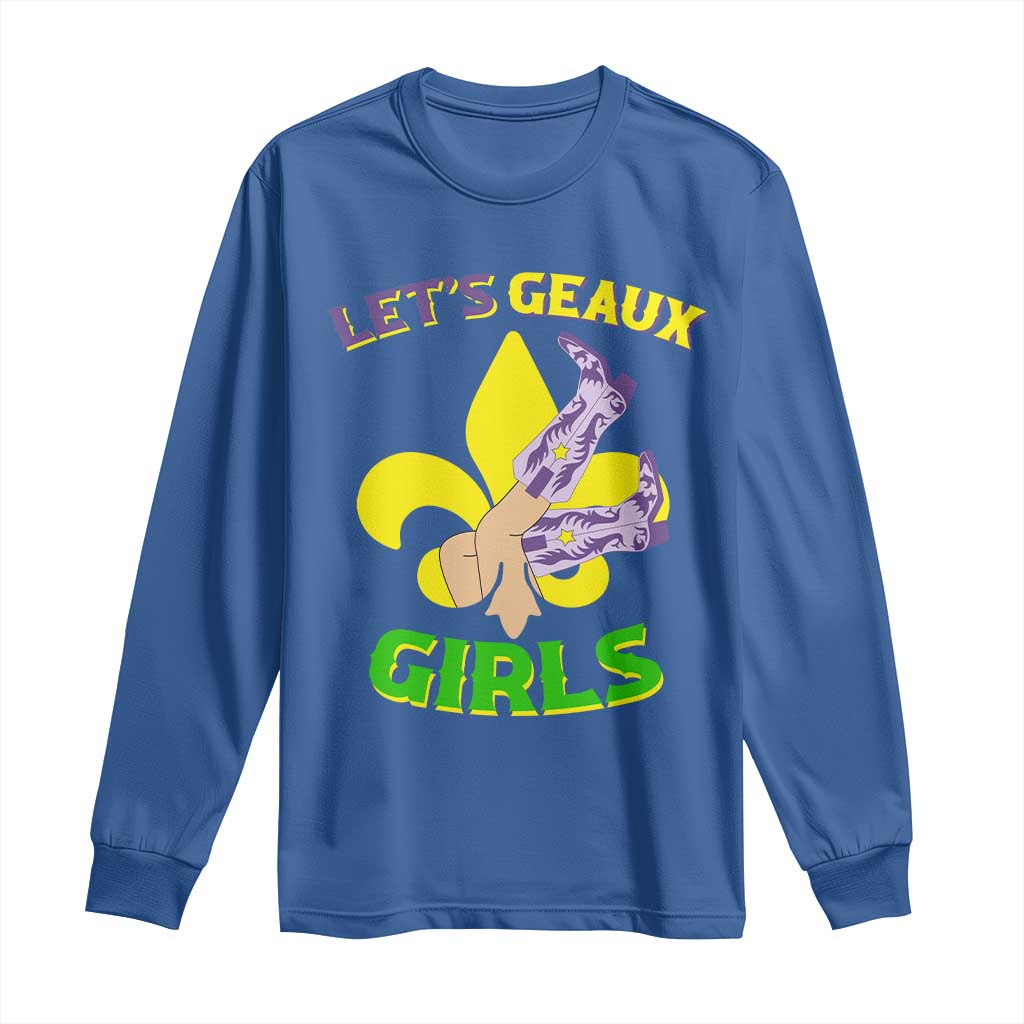 Funny Mardi Gras Cowgirl Long Sleeve Shirt Let's Geaux Girls Fleur De Lys