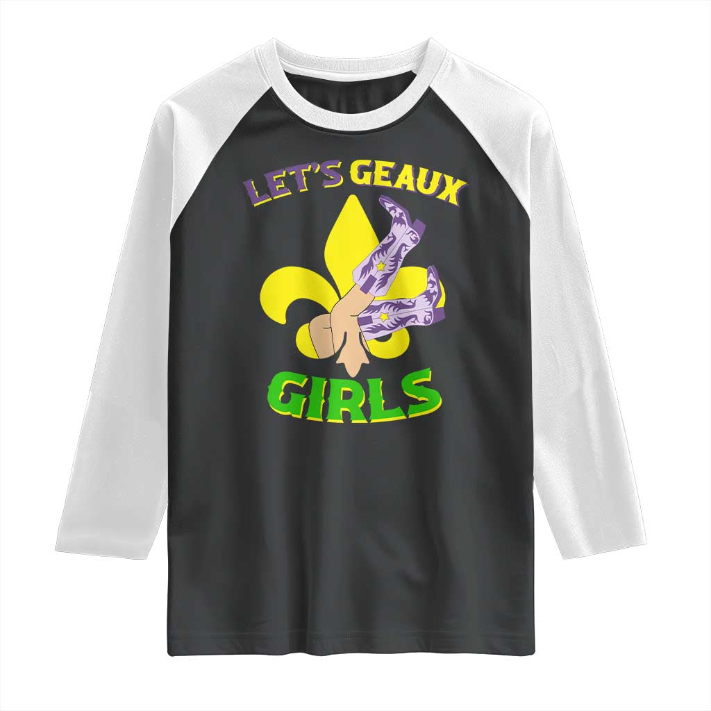 Funny Mardi Gras Cowgirl Raglan Shirt Let's Geaux Girls Fleur De Lys