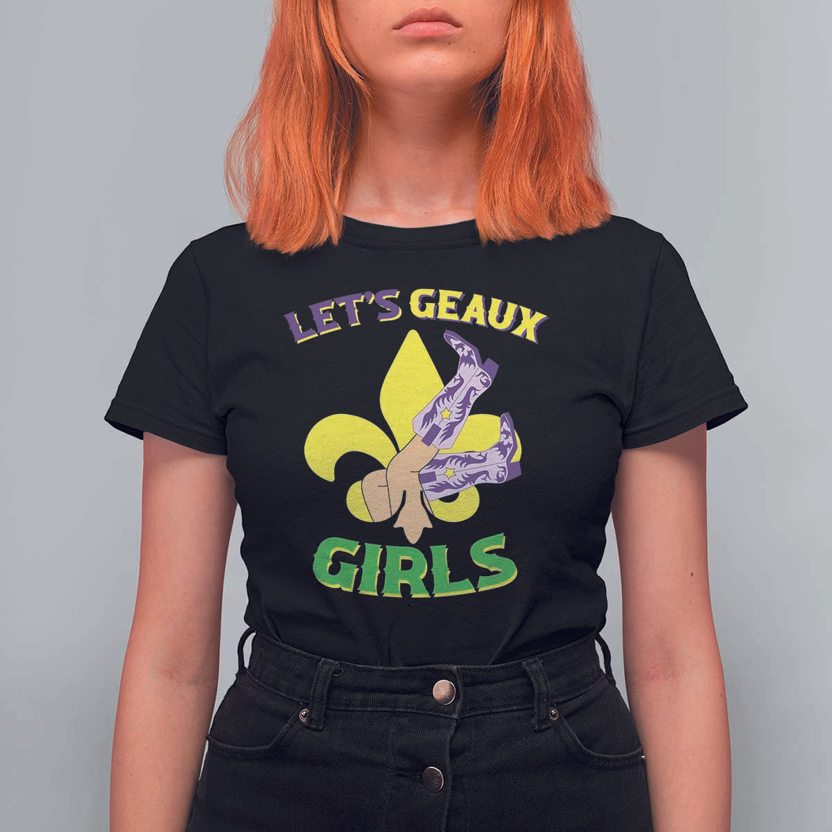 Funny Mardi Gras Cowgirl T Shirt For Women Let's Geaux Girls Fleur De Lys
