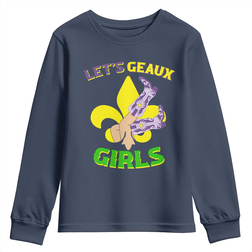 Funny Mardi Gras Cowgirl Youth Sweatshirt Let's Geaux Girls Fleur De Lys