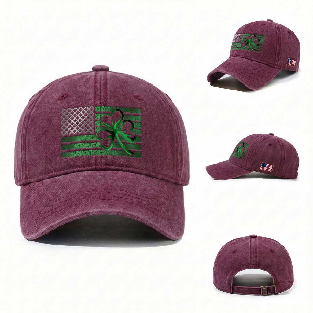 Funny Irish Americans Washed Cotton Baseball Cap Shamrock Celtic Knot American Flag St Patrick's Day