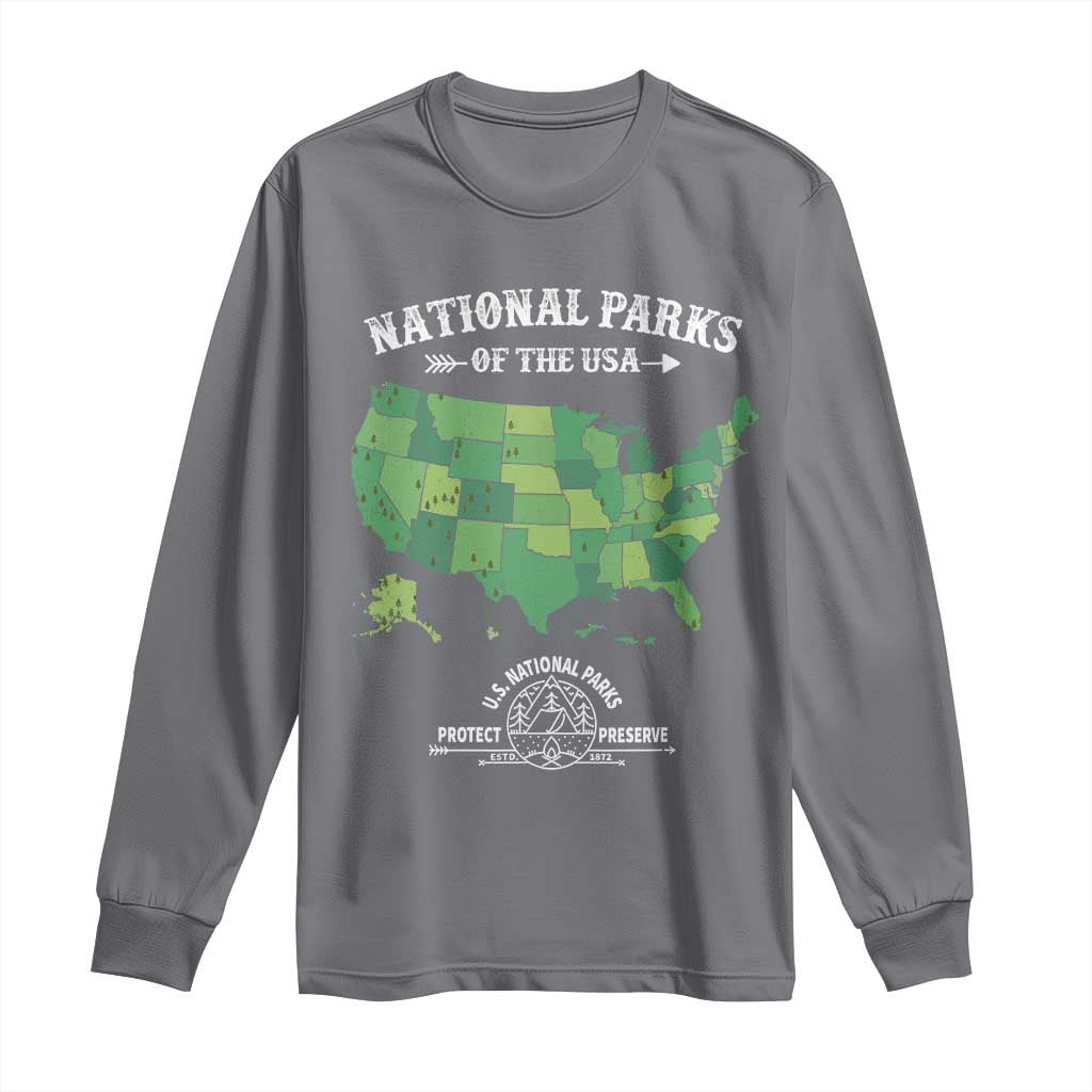 Protect And Preserve National Parks Long Sleeve Shirt ESTD 1872 Vintage Forest American Map