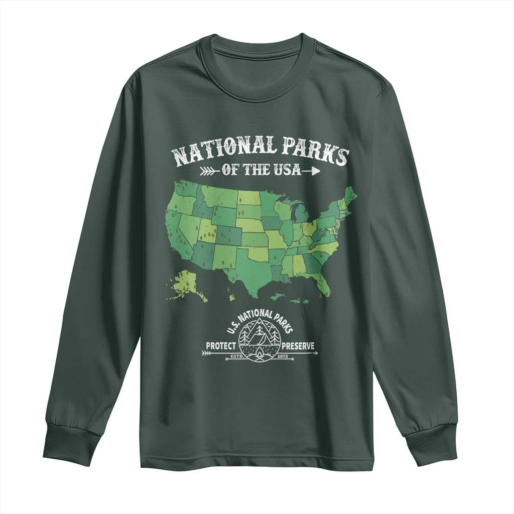Protect And Preserve National Parks Long Sleeve Shirt ESTD 1872 Vintage Forest American Map
