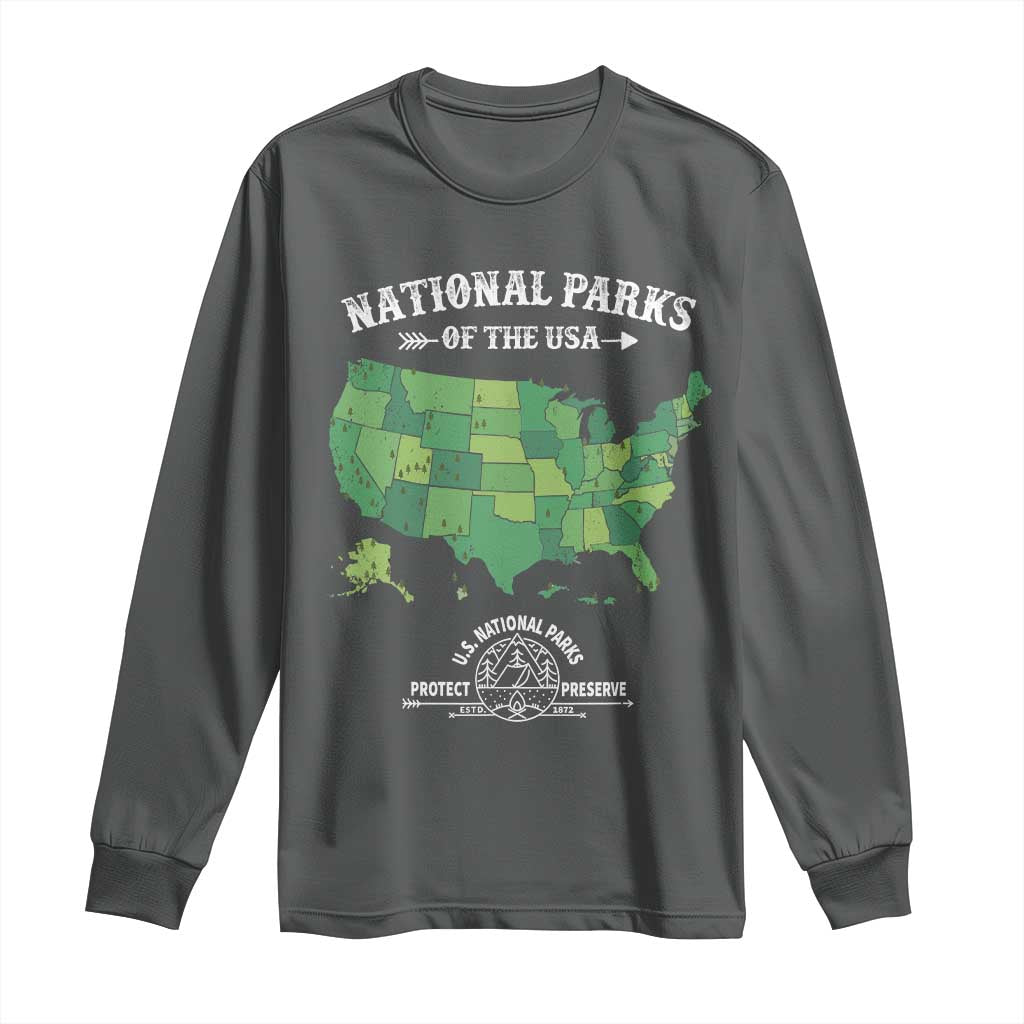Protect And Preserve National Parks Long Sleeve Shirt ESTD 1872 Vintage Forest American Map