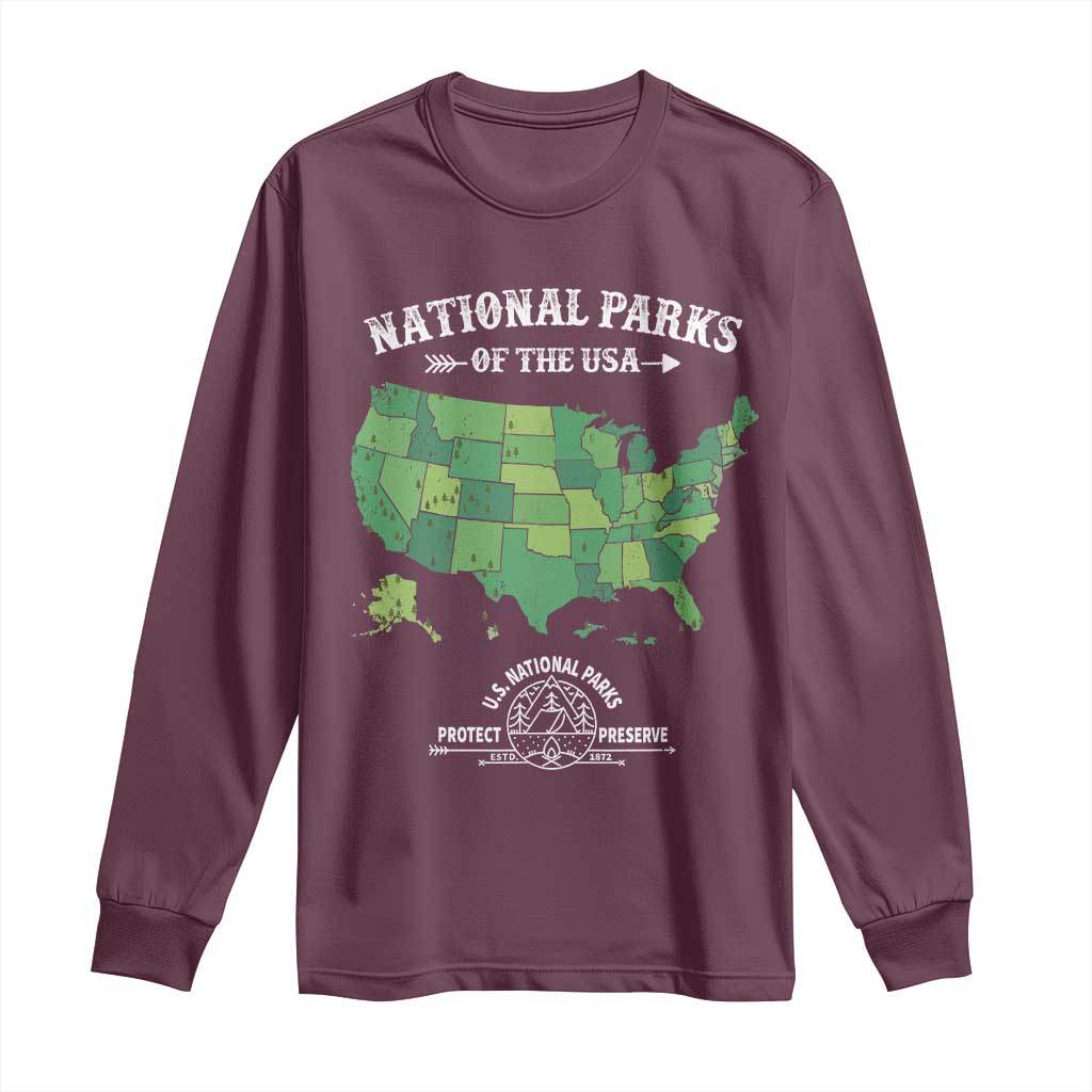 Protect And Preserve National Parks Long Sleeve Shirt ESTD 1872 Vintage Forest American Map