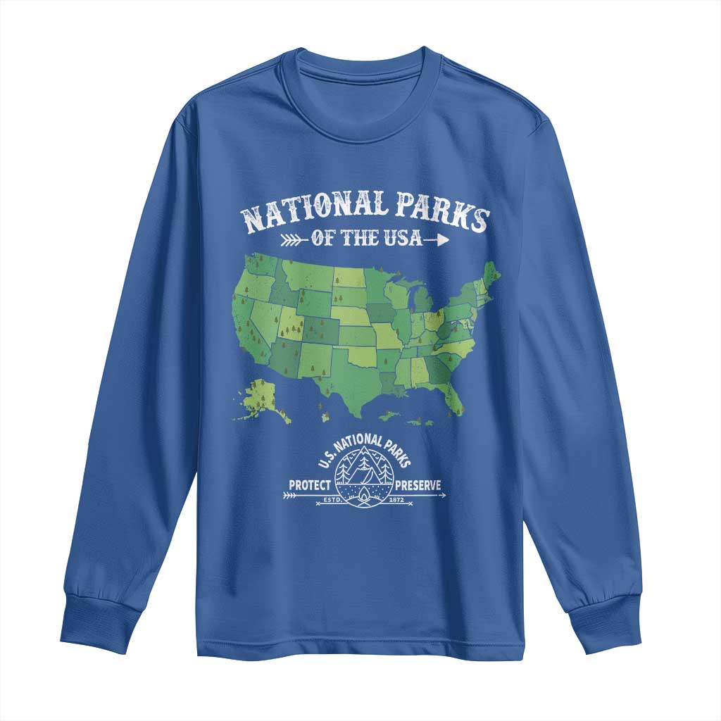 Protect And Preserve National Parks Long Sleeve Shirt ESTD 1872 Vintage Forest American Map