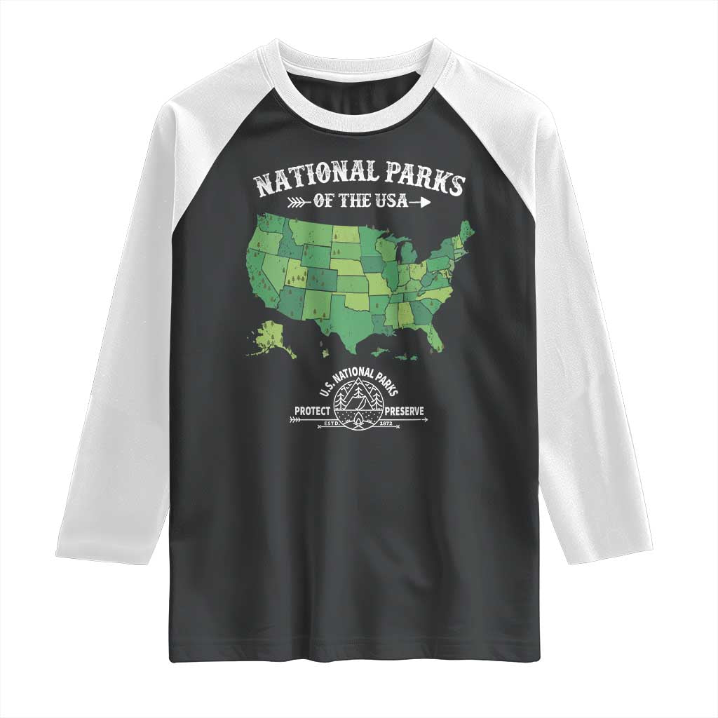 Protect And Preserve National Parks Raglan Shirt ESTD 1872 Vintage Forest American Map