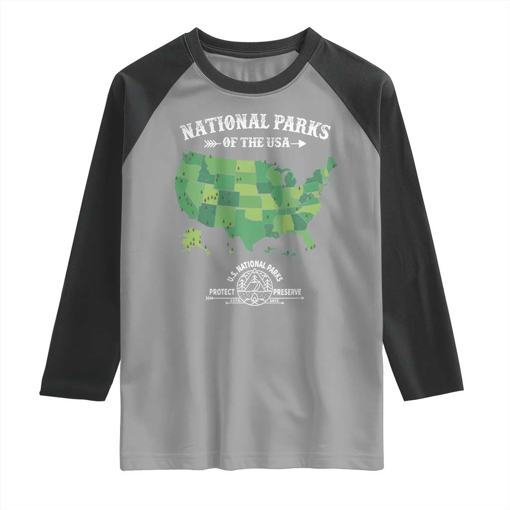 Protect And Preserve National Parks Raglan Shirt ESTD 1872 Vintage Forest American Map