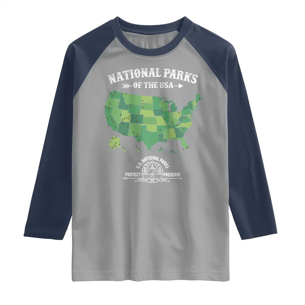 Protect And Preserve National Parks Raglan Shirt ESTD 1872 Vintage Forest American Map