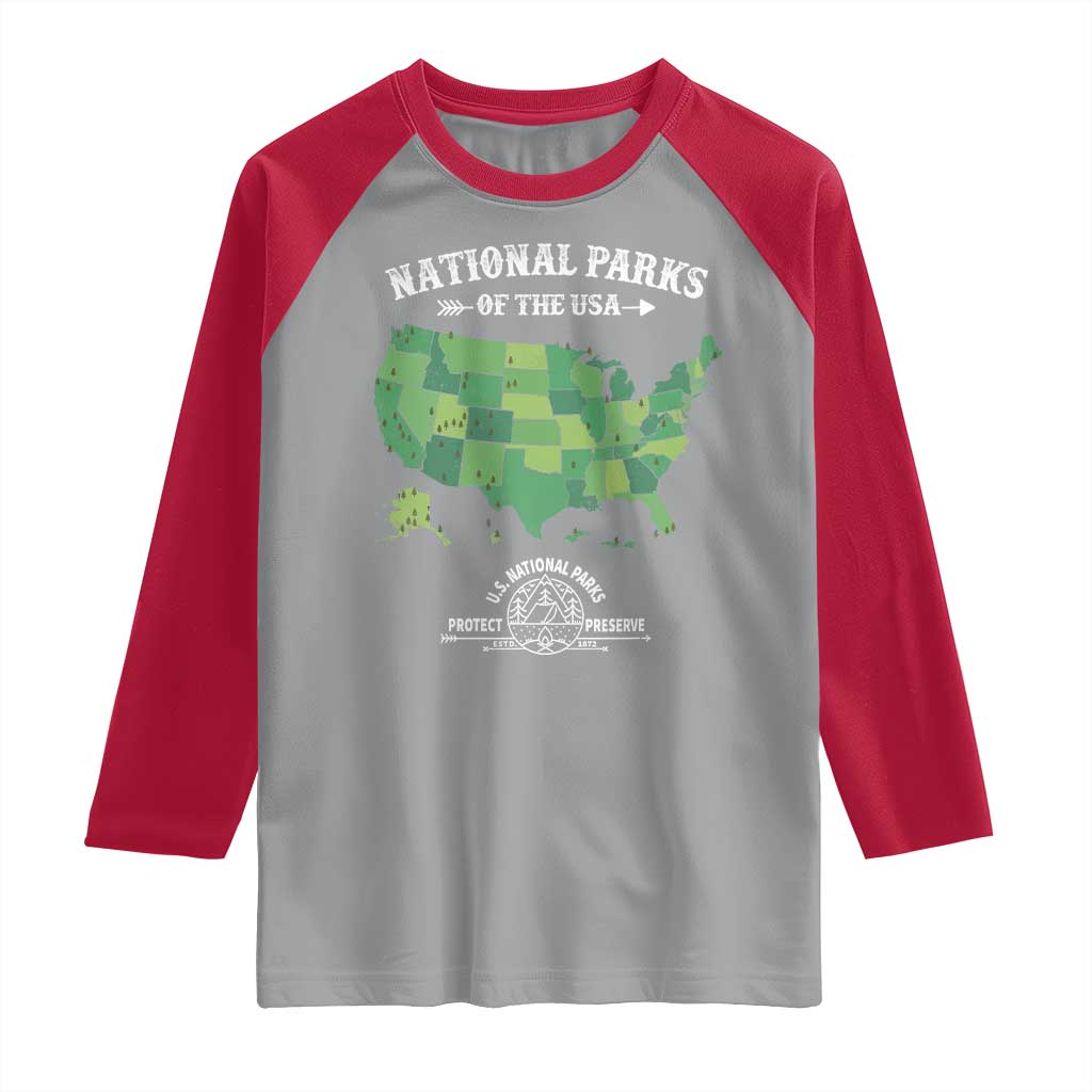 Protect And Preserve National Parks Raglan Shirt ESTD 1872 Vintage Forest American Map