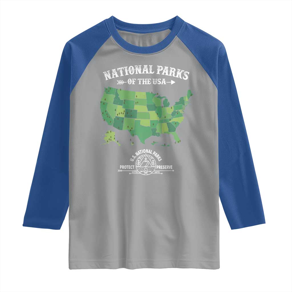 Protect And Preserve National Parks Raglan Shirt ESTD 1872 Vintage Forest American Map
