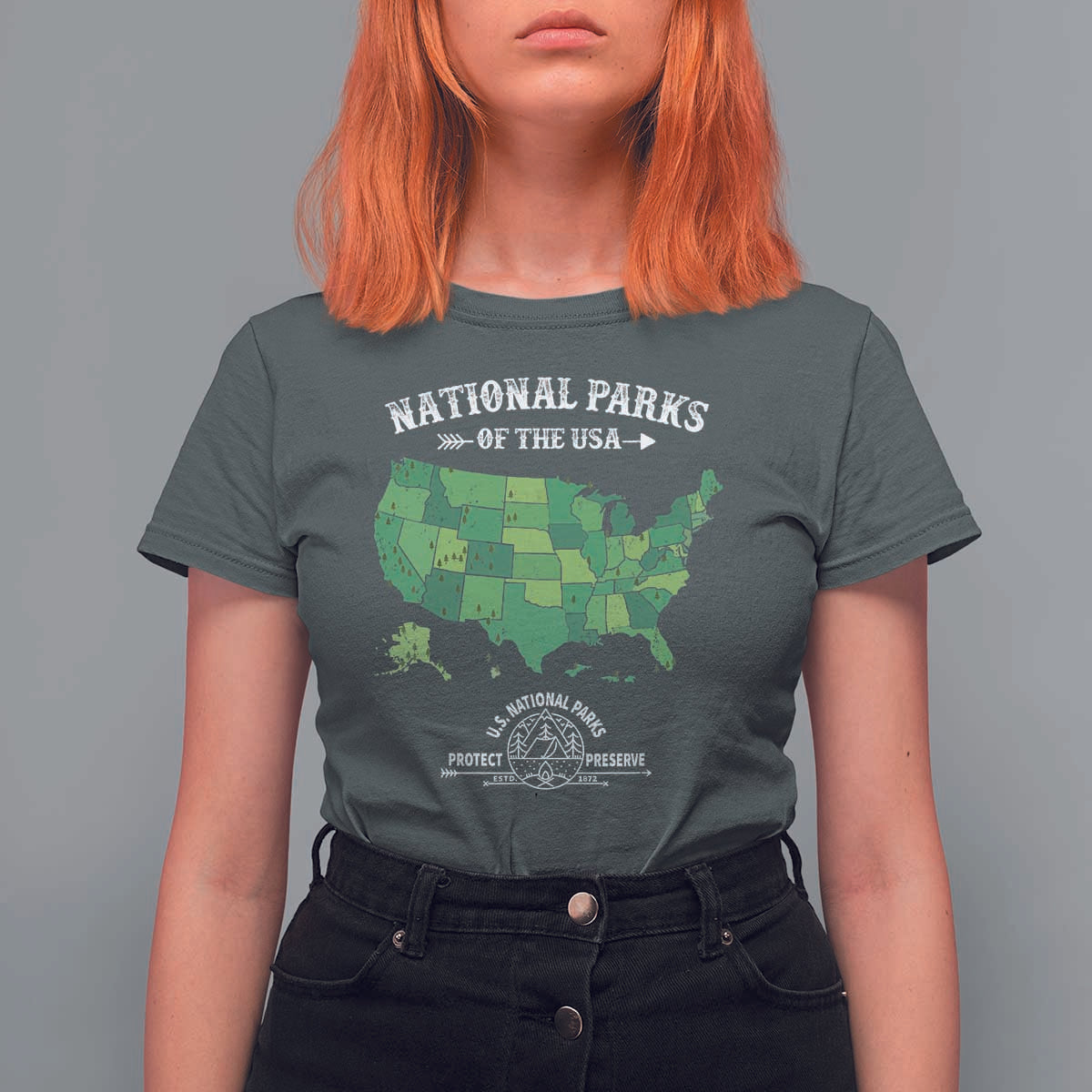 Protect And Preserve National Parks T Shirt For Women ESTD 1872 Vintage Forest American Map