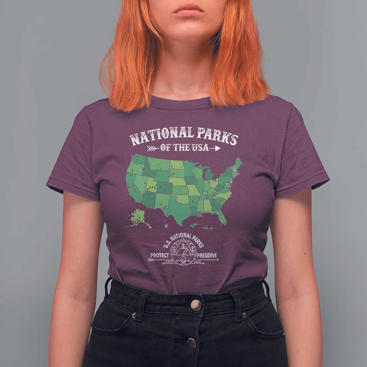Protect And Preserve National Parks T Shirt For Women ESTD 1872 Vintage Forest American Map