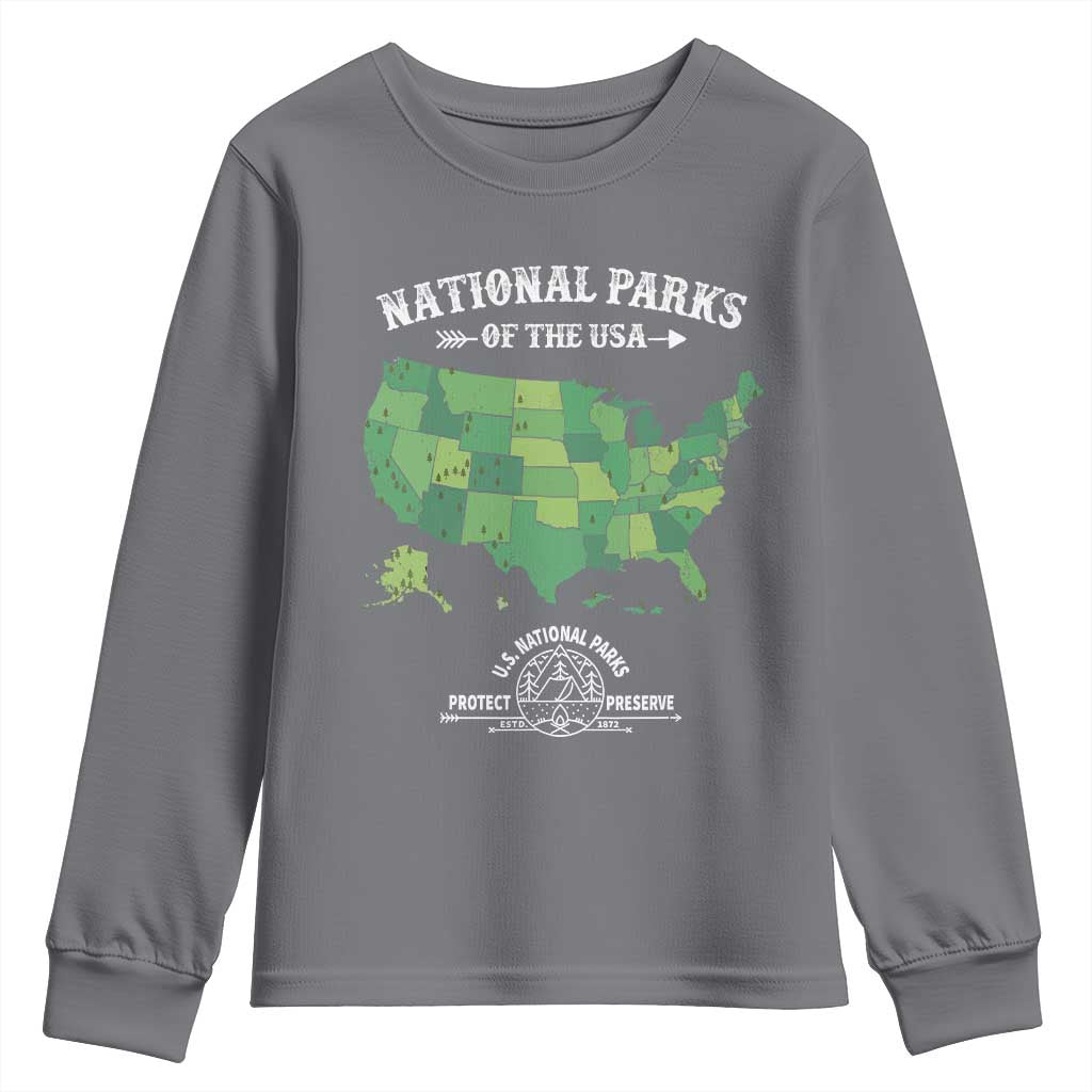 Protect And Preserve National Parks Youth Sweatshirt ESTD 1872 Vintage Forest American Map