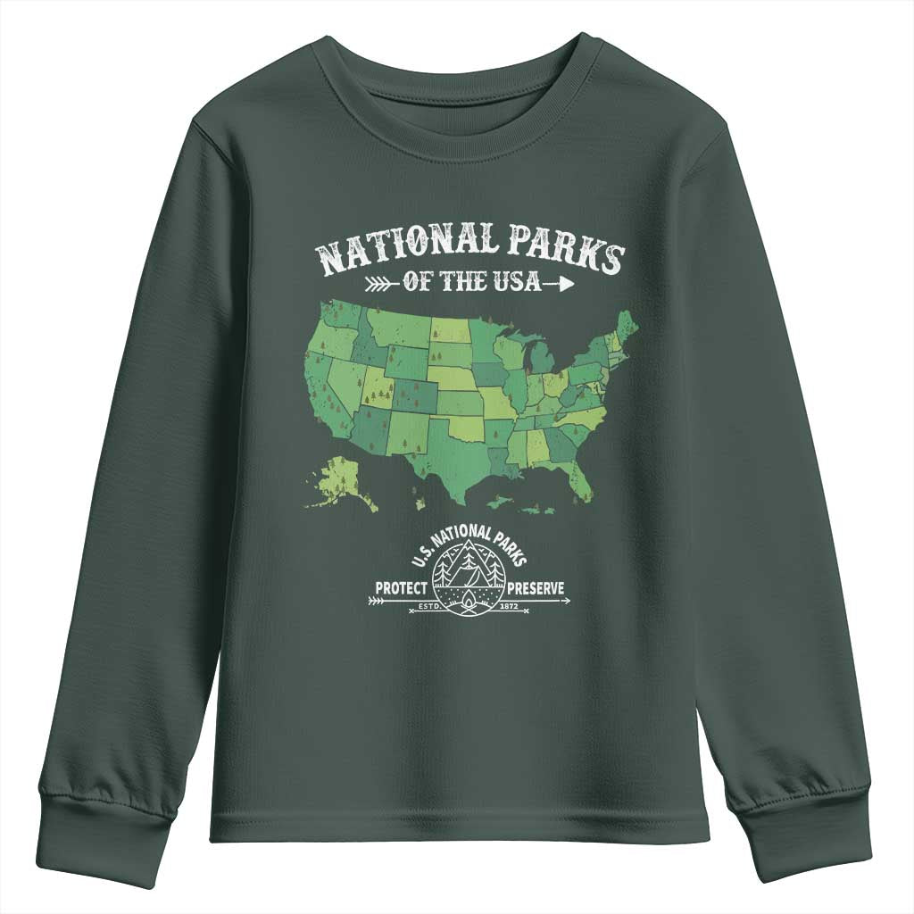 Protect And Preserve National Parks Youth Sweatshirt ESTD 1872 Vintage Forest American Map