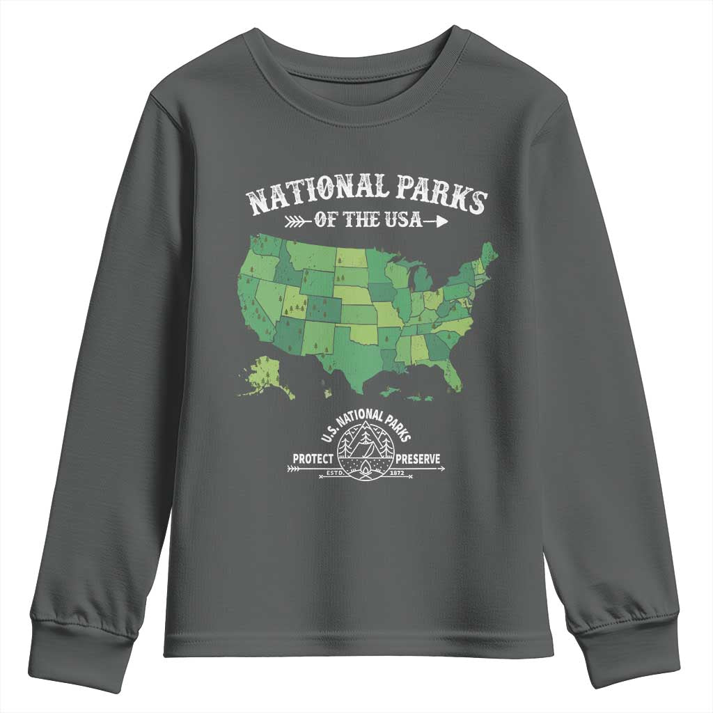 Protect And Preserve National Parks Youth Sweatshirt ESTD 1872 Vintage Forest American Map