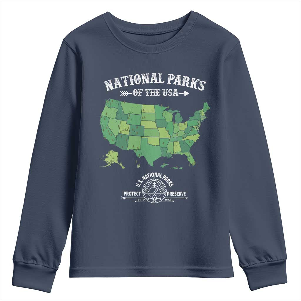 Protect And Preserve National Parks Youth Sweatshirt ESTD 1872 Vintage Forest American Map