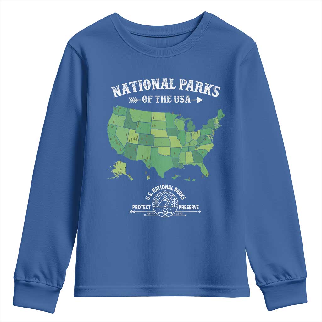 Protect And Preserve National Parks Youth Sweatshirt ESTD 1872 Vintage Forest American Map