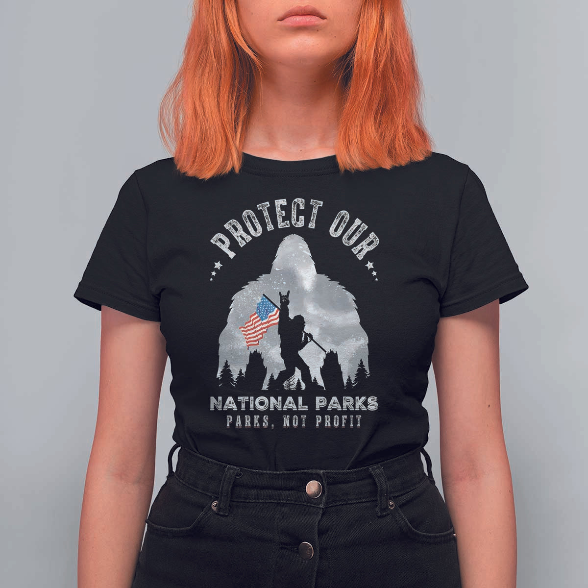 Funny Protect Our National Parks Bigfoot T Shirt For Women Parks Not Profit American Flag