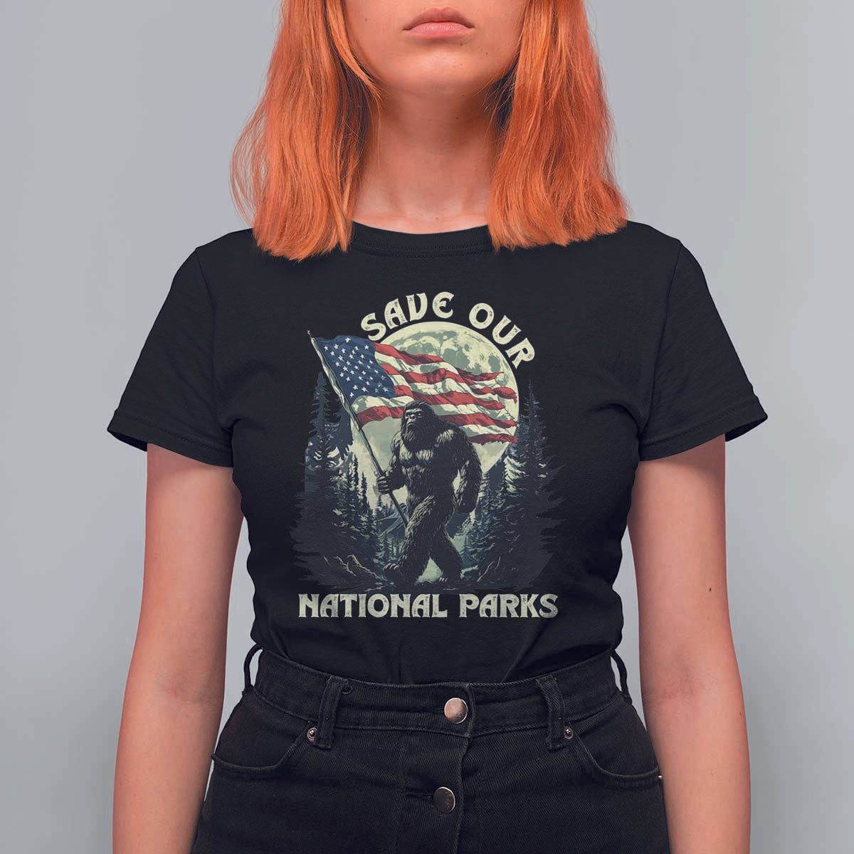 Save Our National Parks Bigfoot T Shirt For Women Vintage American Flag