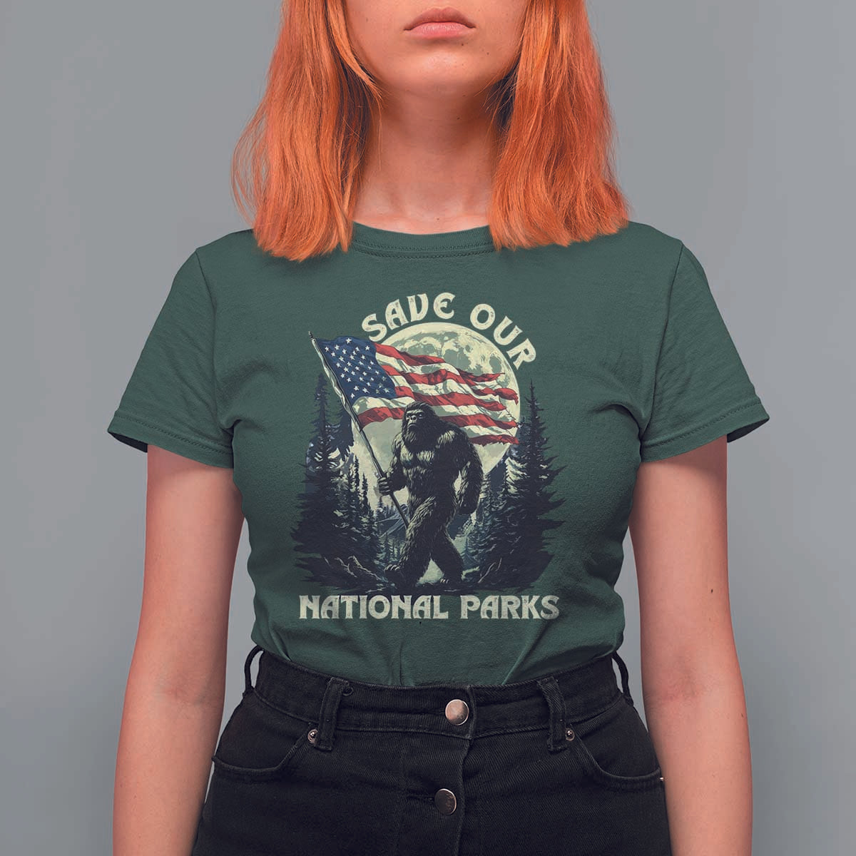 Save Our National Parks Bigfoot T Shirt For Women Vintage American Flag