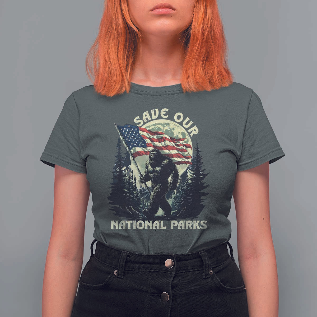 Save Our National Parks Bigfoot T Shirt For Women Vintage American Flag