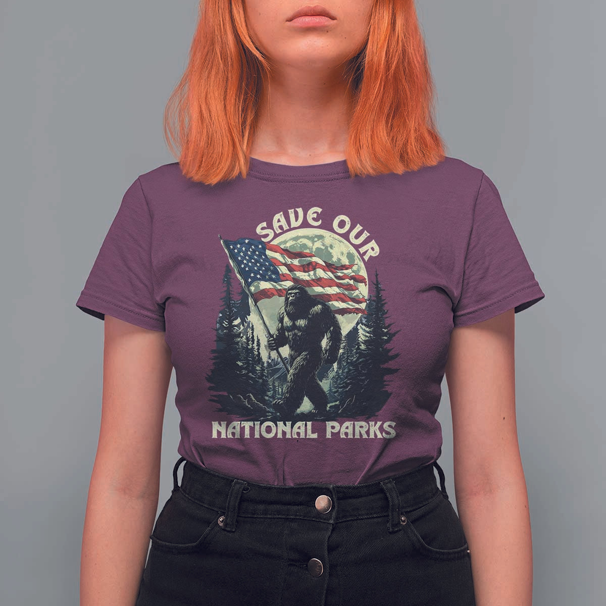 Save Our National Parks Bigfoot T Shirt For Women Vintage American Flag