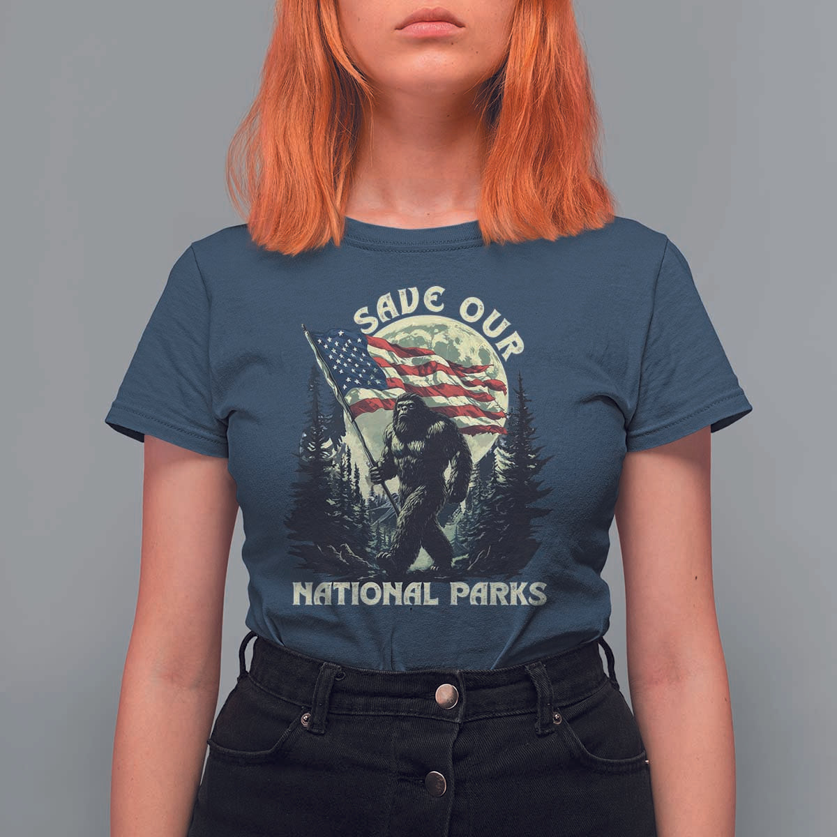 Save Our National Parks Bigfoot T Shirt For Women Vintage American Flag