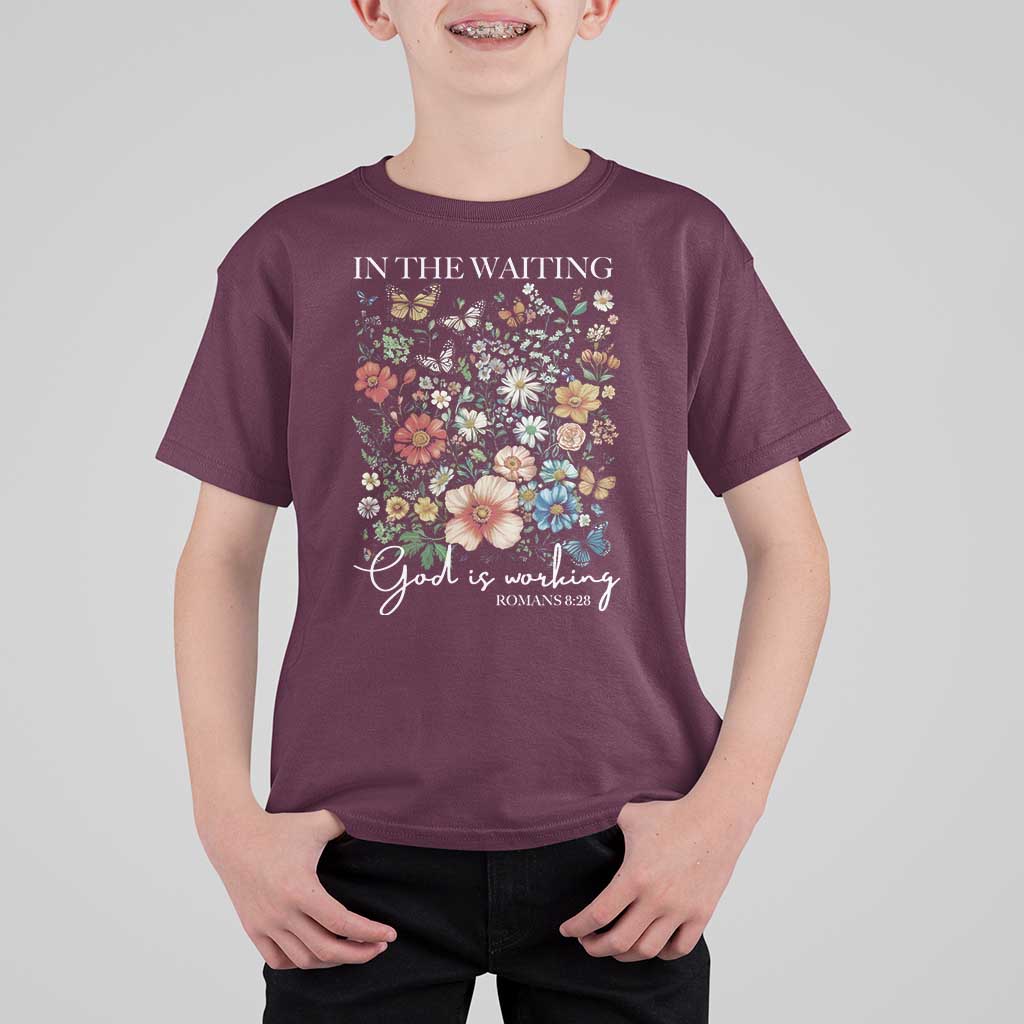 In The Waiting God Is Working T Shirt For Kid Religious Christian Bible Verse Flower