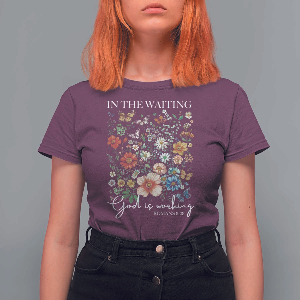 In The Waiting God Is Working T Shirt For Women Religious Christian Bible Verse Flower