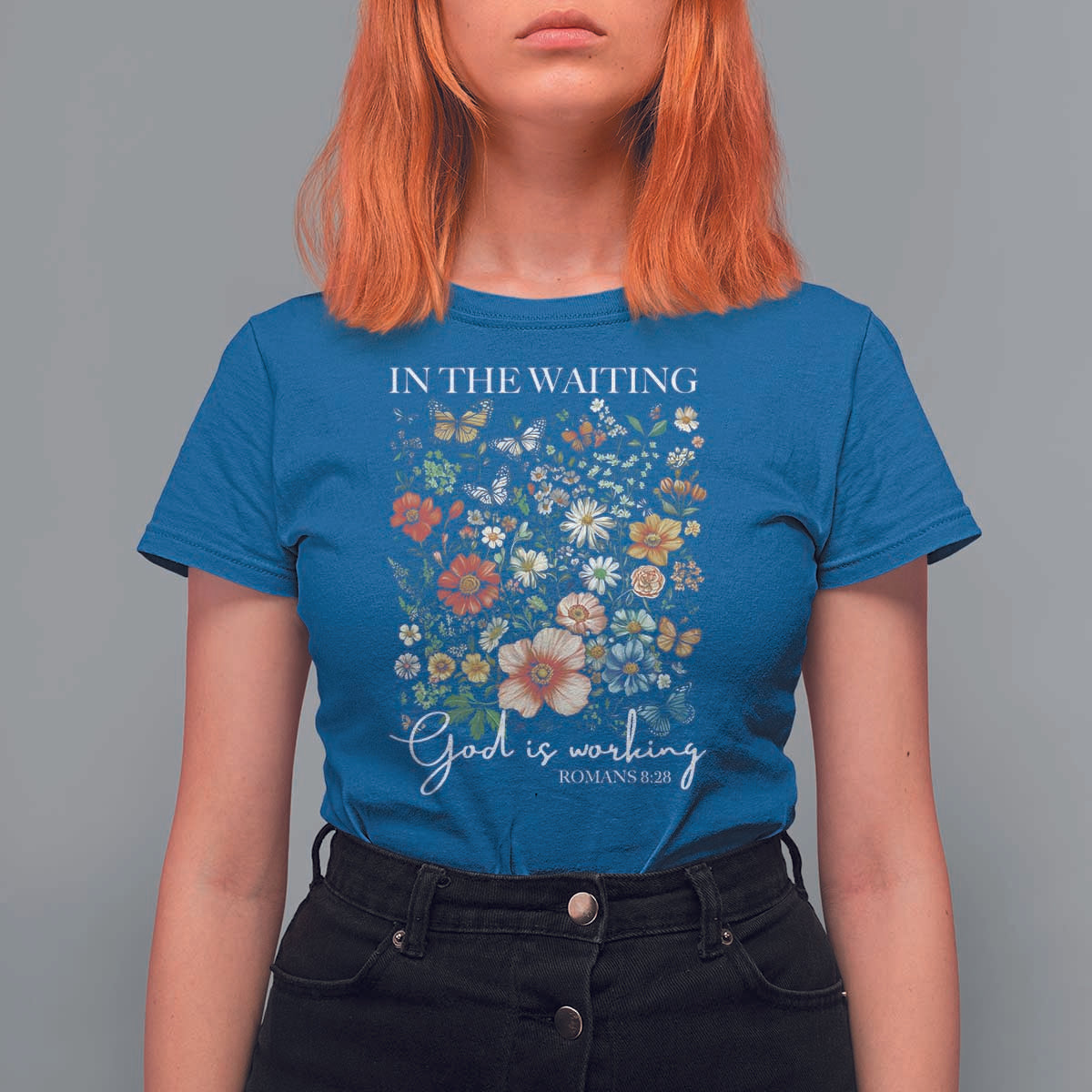 In The Waiting God Is Working T Shirt For Women Religious Christian Bible Verse Flower